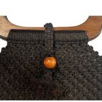 Vtg Boho Macrame Crochet Beaded Wooden Ring Handle Handbag Purse Brown 70s Photo 3