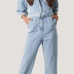 NA-KD NWT Cotton Denim Jean Belted Puff Sleeve Button Collard Denim Jumpsuit Photo 1