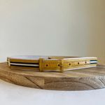 Vintage Italy Made Yellow Navy Stripe Belt With Gold Buckle Size Medium Photo 1