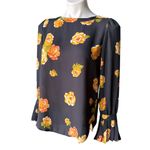 Loft NWT, Pleated Blouse Gray Ochre Peony Cuff Ruffle Pirate Top, Sz XXS Photo 8