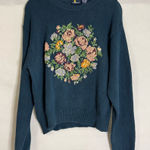 Liz Sport Vtg  Medium Sweater Navy Floral Embroidery, 100% Cotton‎ Pullover 80’s Photo 0