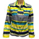 Live a Little Button Up Neon Navy Green Aqua Striped Pocket Jacket Womens Small Photo 6