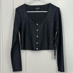 New Carbon38 Medium Black Metallic Ribbed Long Sleeve Shimmer Cropped Cardigan Photo 5