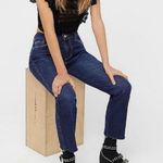 Free People High Rise Clean Girlfriend Raw Hem Crop Jeans (Dark Wash) - 25 Photo 1