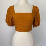 Worthington Dark Mustard Puff Sleeve Cropped Square Neck Smocked Blouse Photo 0