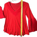 Free People  Shirt Womens Medium Red Just Like Honey Thermal Bell Sleeve Boho Photo 4