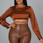 Sans Souci fluid satin cognac brown long sleeve tie wrap crop top size small Photo 0