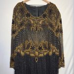 Vintage Beaded Long Sleeve Silk Dress Hand Embellished Black Gold Plus Size 8x Photo 3