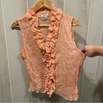 Cute pretty in peach metallic thread ruffle sheer button front blouse sleeveless Pink Size M Photo 8