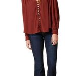 Free People  XS Top Canyon Rose Shirt Boho Rust Gold Pearl Button Embroidered 675 Photo 2