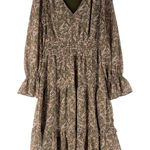 Love Riche  Chiffon Olive Paisley Ruffle Long Sleeve‎ Peasant Tiered Maxi Dress M Photo 0