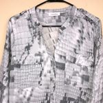 Calvin Klein Women’s Skakeskin Print Deep V-Neck Button-Up Long Sleeve Shirt Photo 1
