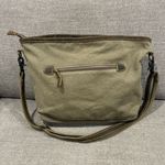 Myra Bag Messenger Cotton Leather Green Brown Blue Pockets Hand Bag Purse Photo 3