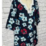 Talbots  Womens Tunic Dress Navy Blue Linen Hibiscus Floral Size S Beaded 3/4 Photo 1