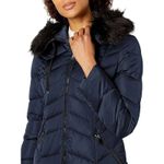 Tahari Gwen Chevron Puffer Coat Women's Large Navy Faux Fur Winter Outdoor Photo 1