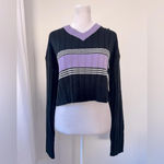 Sweet Rain  Black & Lavender Striped Cropped V-Neck Pullover Sweater Photo 1