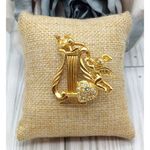 Vintage Gold Tone Harp Brooch Pin Cupid Angels Rhinestone Heart 1.75" Photo 0