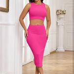 HUUSA 2 Piece Sexy Sleeveless Slim Bodycon Tank Tops and High Waist Skirt Set Pink Size M Photo 5