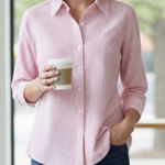 LL Bean Pink Stripe 3/4 Sleeve Button Up Cotton Seersucker Shirt Size MEDIUM Photo 0