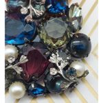 Vintage Mid Century Rhinestone & Faux Pearl Brooch Pin Silver Tone Floral 2" Black Photo 4