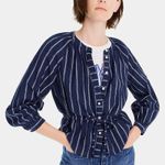 J.Crew Tie Waist Linen Blend Striped Gauze Top Blouse Women's 8 Navy Casual Photo 0