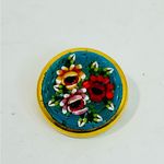 Antique Italian Micro Mosaic Brooch Floral Design Round Gold Tone Signed ITALY Photo 2