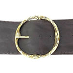 Chocolate Brown Leather Wide Waist Belt Gold Tone Circle Buckle Rhinestone Photo 0