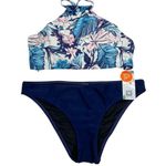 NWT Floral Bikini 2 Piece Swimsuits Halter High Neck Sporty Size Large UPF 50+ Blue Photo 1