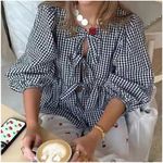 NEW~ Black Gingham Tie Front Top Babydoll Long Sleeve Peplum Babydoll Shirt L Size L Photo 0