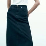 ZARA  High Rise Five Pocket Denim Midi Fishtail Skirt Dark Navy Blue Large Photo 0