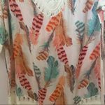 Kohinoor Swim Cover Tunic Blouse Dress Crochet detail Feather Print Boho Sz Lg Photo 5