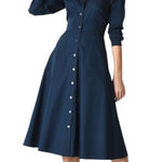 Eshakti  Cotton Poplin Trapunto Waist Midi Shirtdress Womens Large 12 Navy Blue Photo 0