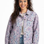 Emily Wonder Abstract Denim Jacket Womens L Pastel Pink Eclectic Whimsy Quirky Size L Photo 0