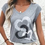 Women’s Graphic Embellished Heart Print S/S Tee in Heathered Gray sz small EUC Photo 0