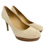 Tahari  (7.5) Sophia Cream Waxed Burlap Stacked Platform Stiletto Pump Heels Photo 0