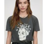 Mango MNG T-Shirt Womens S Gray Skull Butterfly Graphic Tee Rock Goth Macabre Photo 1