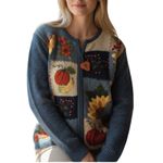 Tiara International TIARA Vintage Patchwork Enbroidery Full Zip Cardigan Sz M Blue Retro Cottage Y2K Photo 1