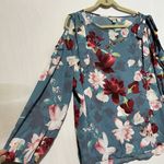 Belle & Sky Blouse Top Women 2XL Blue Floral Boat Neck Cold Shoulder Long Sleeve Size 2X Photo 2