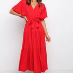 Boutique Bright Red V-neck Flutter Sleeve Midi Dress Photo 1