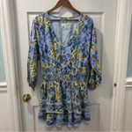 Aerie Rock n Ruffle Animal Print Mini Dress Sz Lg Blue Yellow Long Sleeve V-Neck Photo 5