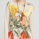 Chico's Women’s Satin Garden Long Sleeve Tee Size 3 XL Beige Floral Scoop Neck Photo 0