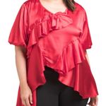 Us Together Satin Balloon Sleeve Asymmetrical Ruffled Blouse Red Size 1X Photo 0
