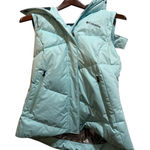 Columbia Puffer Vest Hooded Faux Fur Trim Light Blue Womens Size S like new Photo 0