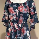 Cherish  Blues Pinks Floral Print Short Romper Bell Sleeves Cold Shoulder… Photo 0