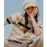Free People Foxy Stripe Wool Blend Cropped Puff Sleeve Sweater Cream Brown XS Photo 0