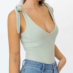 Le lis Womens Medium Bodysuit Sage Green Tie Shoulder Tank V-Neck Fitted Summer Photo 5
