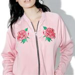 Motel NEW Rose Embroidered Satin Bomber Jacket size medium Photo 0