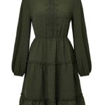 NEW Army Green Lace Detail Swiss Dot Ruffle A Line Puff Sleeve Dress Photo 5