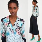 ZARA Floral Polka Dot Silky Satin Button Down Blouse Size XS Pearlescent Photo 1