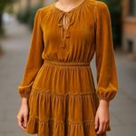 Storia Golden Yellow Brown Velvet Ruffle Boho Tassel Mini Dress Size Medium Photo 7